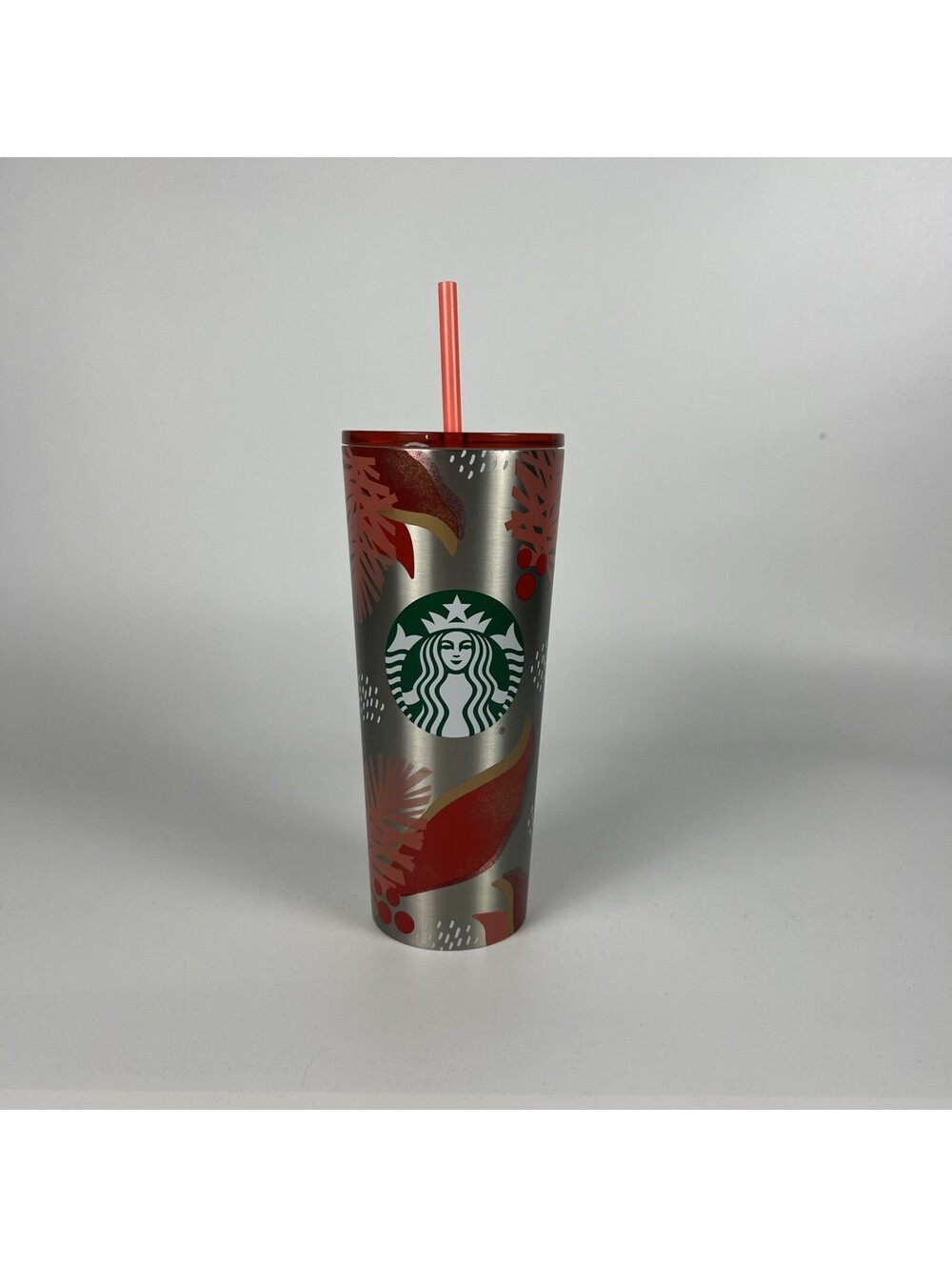 2019 Starbucks Christmas Stainless Poinsetta / Holly Tumbler 24oz with Straw